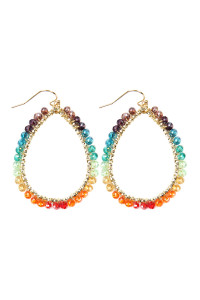 S23-3-4-HDE2856MT MULTI COLOR WIRE TEARDROP GLASS BEADS HOOK EARRINGS/6PAIRS