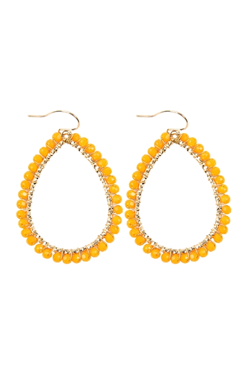 A3-1-2-HDE2856OR ORANGE WIRE TEARDROP GLASS BEADS HOOK EARRINGS/6PAIRS