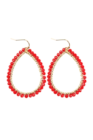 A2-4-2-HDE2856RD RED WIRE TEARDROP GLASS BEADS HOOK EARRINGS/6PAIRS