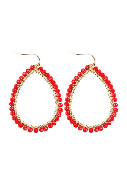 A3-1-2-HDE2856RD RED WIRE TEARDROP GLASS BEADS HOOK EARRINGS/6PAIRS