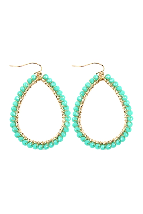 A3-1-2-HDE2856TQ TURQUOISE WIRE TEARDROP GLASS BEADS HOOK EARRINGS/6PAIRS