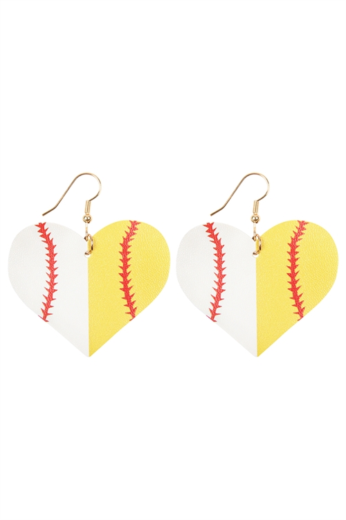 S23-8-2-HDE2866 WHITE YELLOW HEART SPORTS ACCENT LEATHER EARRINGS/6PAIRS