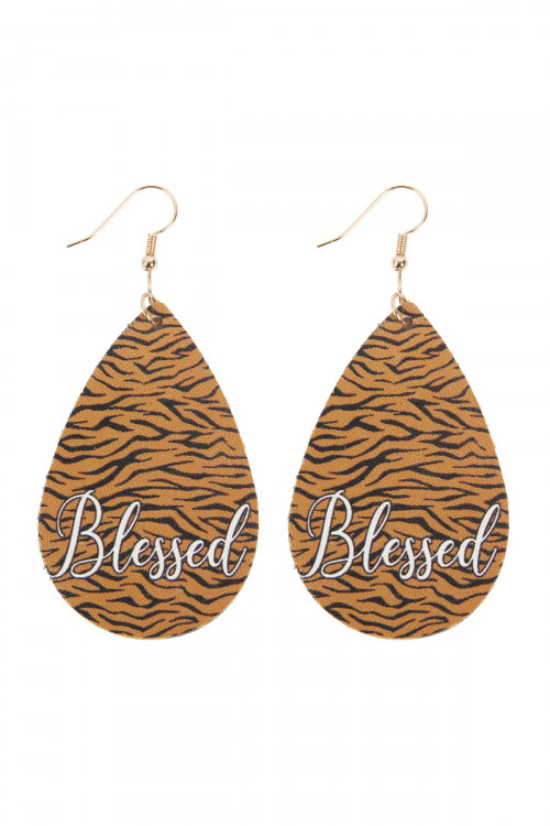 S24-8-4-HDE2867-2 TIGER "BLESSED" ANIMAL PRINT LEATHER FISH HOOK EARRINGS/6PAIRS