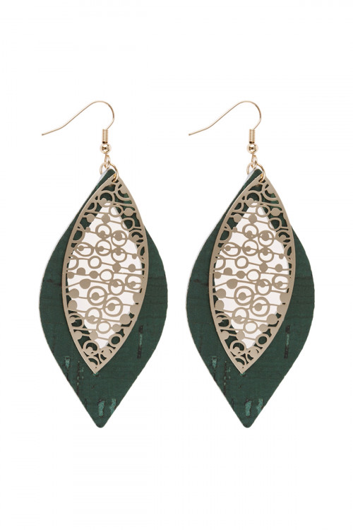S25-7-3-HDE2891GR GREEN MARQUISE LEATHER FILIGREE LAYER HOOK EARRINGS/6PAIRS
