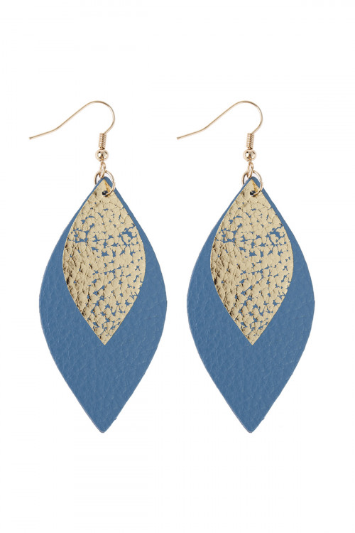 A3-1-3-HDE2892BL BLUE MARQUISE GOLD LEATHER LAYERED DROP FISH HOOK EARRINGS/6PAIRS