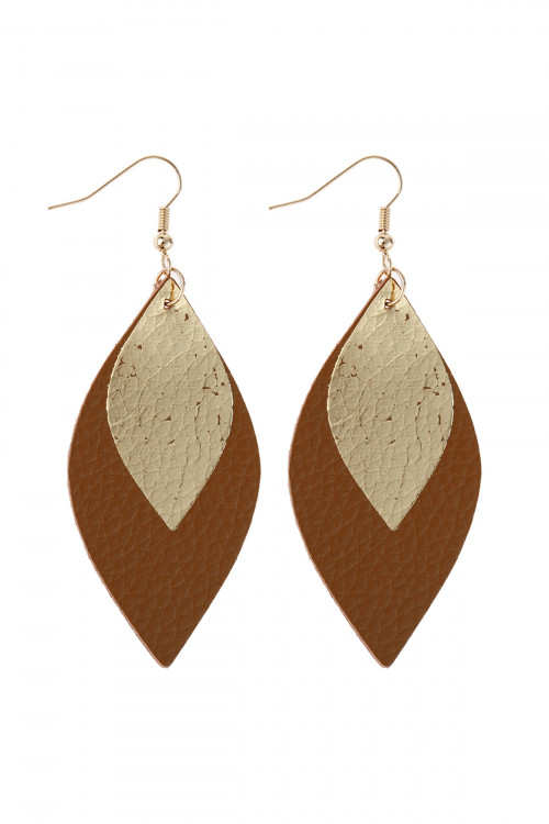 SA3-2-2-HDE2892LBR LIGHT BROWN MARQUISE GOLD LEATHER LAYERED DROP FISH HOOK EARRINGS/6PAIRS