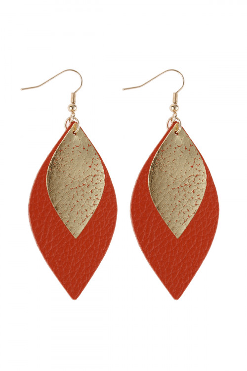 A3-1-3-HDE2892OR ORANGE MARQUISE GOLD LEATHER LAYERED DROP FISH HOOK EARRINGS/6PAIRS