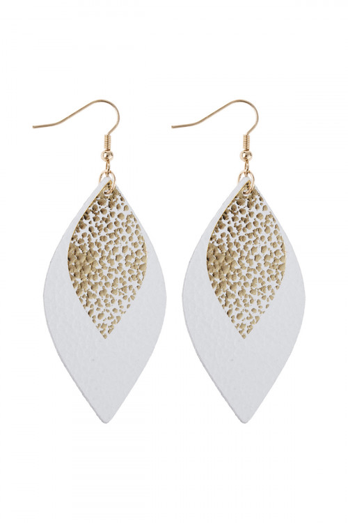 A3-1-3-HDE2892WT WHITE MARQUISE GOLD LEATHER LAYERED DROP FISH HOOK EARRINGS/6PAIRS