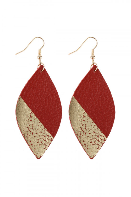 S25-2-3-HDE2893RD GOLD RED MARQUISE LEATHER DROP FISH HOOK EARRINGS/6PAIRS