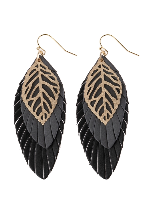 S23-4-4-HDE2985BK BLACK LEAF LAYERED FRINGED LEATHER EARRINGS/6PAIRS