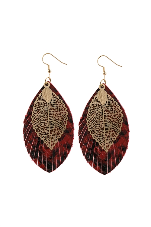 A1-3-2-HDE2987BU BURGUNDY LAYERED FRINGE LEATHER EARRINGS/6PAIRS