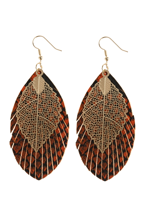 S23-3-4-HDE2987OR ORANGE LAYERED FRINGE LEATHER EARRINGS/6PAIRS