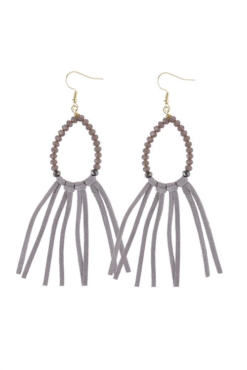 S23-1-4-HDE3001GY GRAY BEADS WITH CLOTH TASSEL DANGLE EARRINGS/6PAIRS
