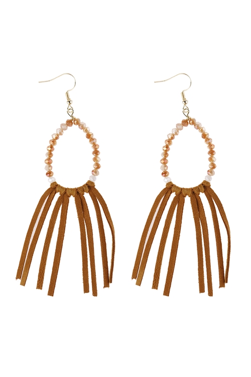 A1-3-1-HDE3001LBR LIGHT BROWN BEADS WITH CLOTH TASSEL DANGLE EARRINGS/6PAIRS