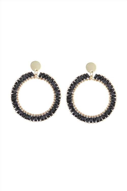 S21-11-2-HDE3041BK-1-GLASS BEADED DROP HOOP EARRINGS-BLACK/1PC