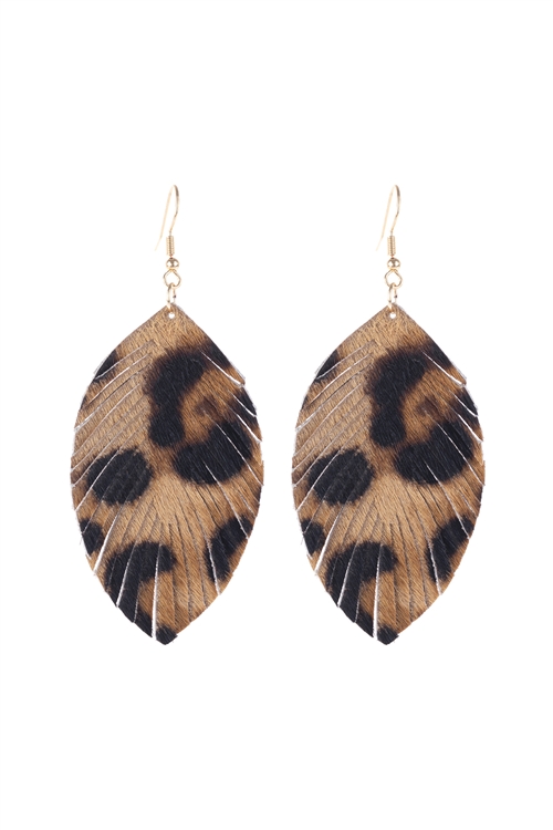 S18-8-3-HDE3052BR-LEAOPARD LEATHER FRINGED LEATHER DROP EARRINGS-BROWN/6PAIRS