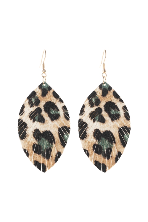 S18-8-3-HDE3052GL-LEAOPARD LEATHER FRINGED LEATHER DROP EARRINGS-NATURAL GREEN/6PAIRS