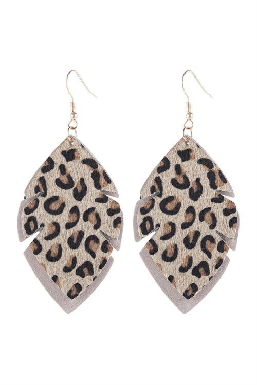 S21-10-3-HDE3053BR-LEAF SHAPE LEOPARD LEATHER DROP EARRINGS-BROWN/6PCS (NOW $1.25 ONLY!)