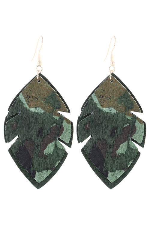 S21-10-3-HDE3055CAMO-LEAF SHAPE LEOPARD LEATHER DROP EARRINGS-CAMO/6PCS