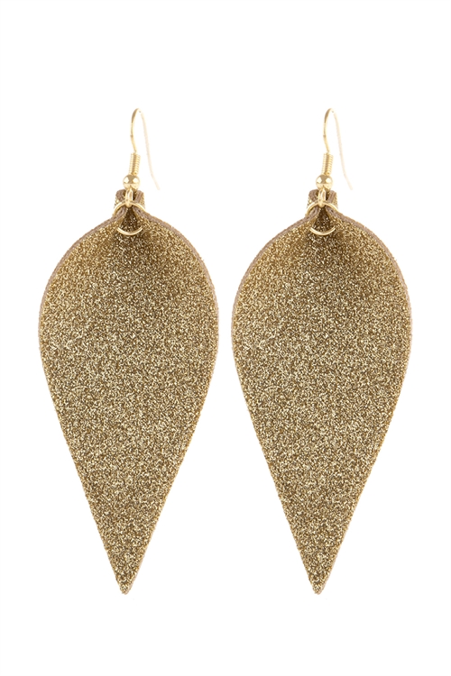 S20-10-4-HDE3058G GOLD PINCHED GLITTERY LEATHER DROP EARRINGS/6PAIRS
