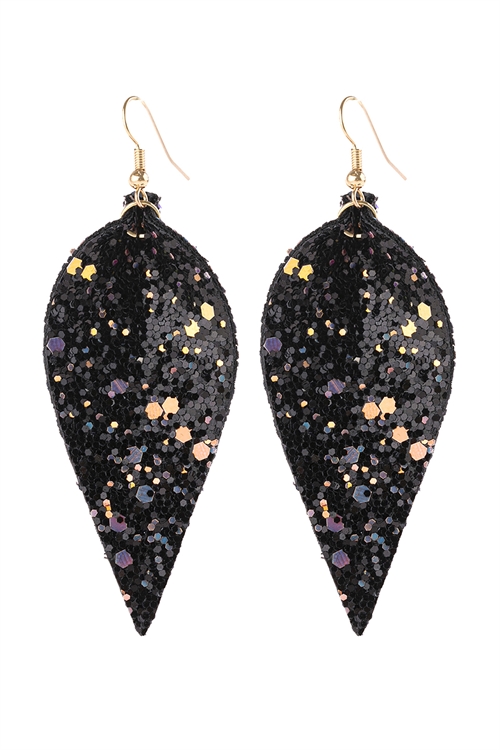 S21-12-2-HDE3060BK BLACK PINCHED SEQUIN LEATHER DROP EARRINGS/6PAIRS (NOW $1.25 ONLY!)