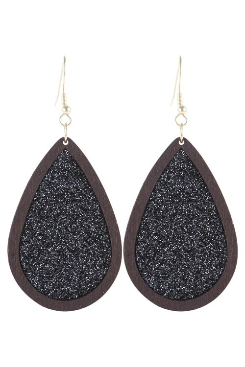 S21-11-4-HDE3061-5-GLITTER WOOD TEARDROP HOOK EARRINGS-BLACK/6PCS