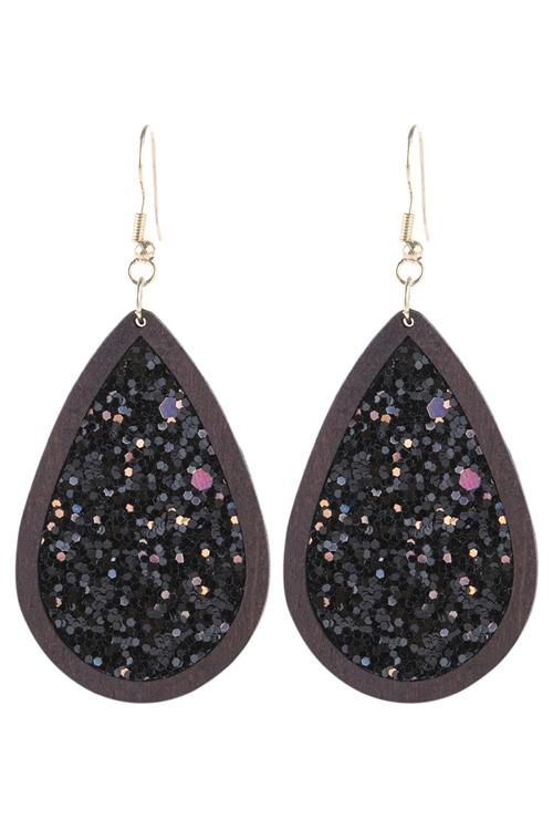 S19-10-4-HDE3062BK-SEQUIN GLITTER WOOD TEARDROP HOOK EARRINGS-BLACK/6PCS