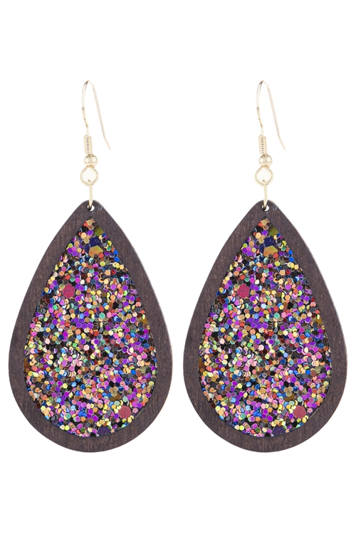 S21-10-4-HDE3062MT-SEQUIN GLITTER WOOD TEARDROP HOOK EARRINGS-MULTICOLOR/6PCS