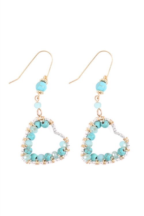 S20-7-5-HDE3099TQ-HEART BEADED DROP EARRINGS-TURQUOISE/6PAIRS