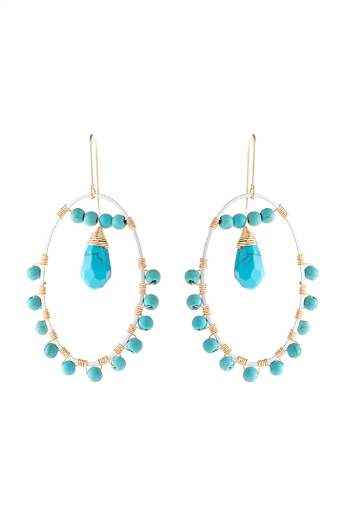 S18-11-4-HDE3100STQ-NATURAL STONE BEADED DROP EARRINGS-TURQUOISE/6PAIRS