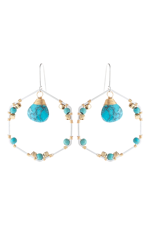 S18-11-4-HDE3101STQ-NATURAL STONE BEADED HEXAGON DROP EARRINGS-TURQUOISE/6PAIRS