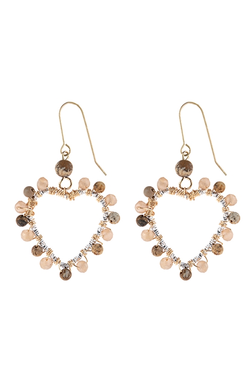 S20-7-5-HDE3102LCT-HEART WIRE BEADED DROP EARRINGS-BROWN/6PAIRS