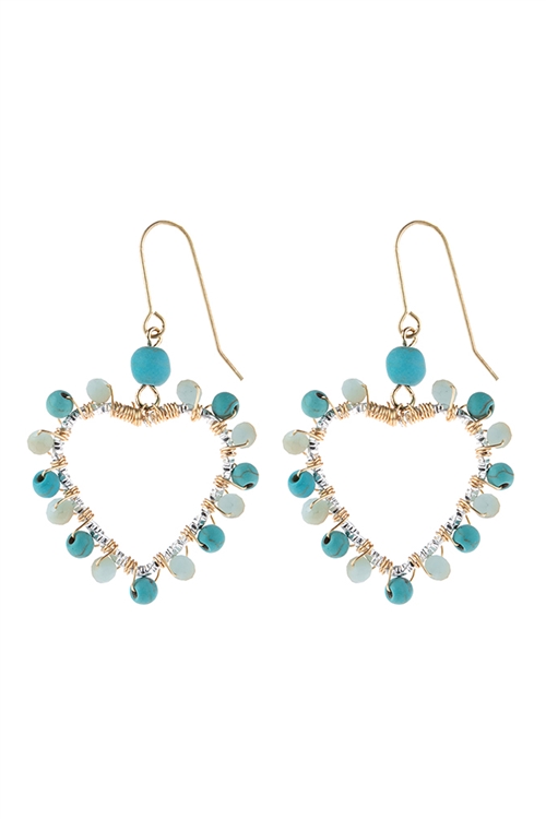 S20-7-5-HDE3102TQ-HEART WIRE BEADED DROP EARRINGS-TURQUOISE/6PAIRS