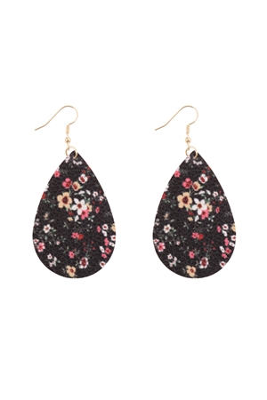 S27-7-4-HDE3219BK-FLORAL PRINTED PEAR-SHAPE EARRINGS-BLACK/6PAIRS