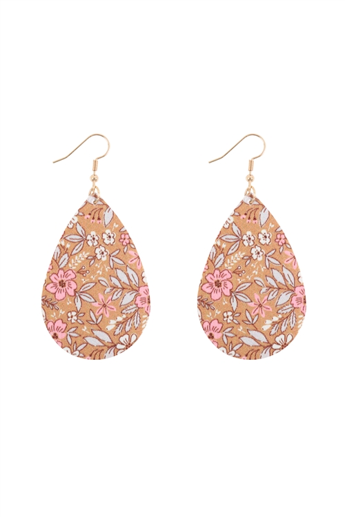 S27-8-5-HDE3219BR-FLORAL PRINTED PEAR-SHAPE EARRINGS-BROWN/6PAIRS