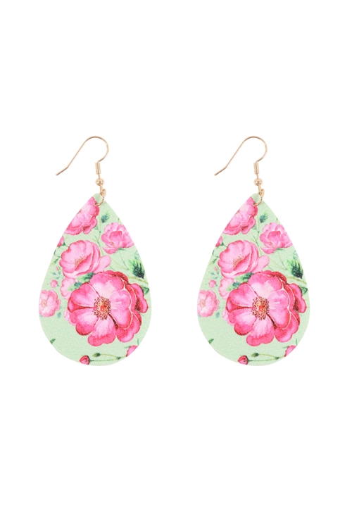 S27-7-4-HDE3219MN-FLORAL PRINTED PEAR-SHAPE EARRINGS-MINT/6PAIRS
