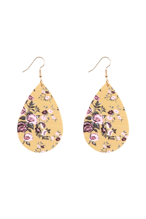 S27-7-4-HDE3219MU-FLORAL PRINTED PEAR-SHAPE EARRINGS-MUSTARD/6PAIRS