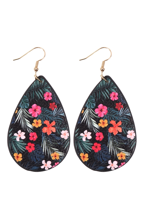 S29-6-3-HDE3242-2-TROPICAL FLOWER PRINT TEARDROP EARRINGS-BLACK/6PAIRS