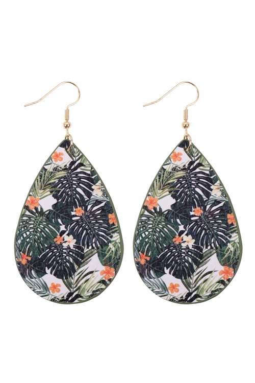 S29-6-3-HDE3242-3-TROPICAL PRINT TEARDROP EARRINGS- GREEN MULTICOLOR/6PAIRS