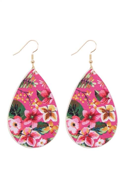 S29-6-3-HDE3242-5-HOT PINK FLORAL PRINT TEARDROP EARRINGS/6PAIRS