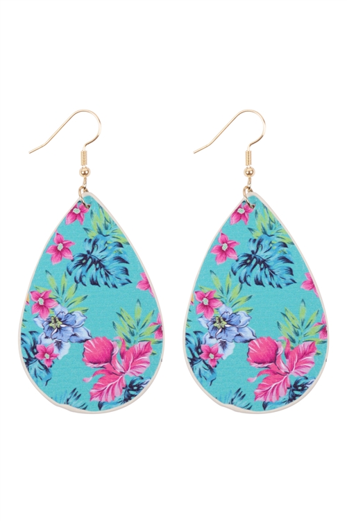 S29-6-3-HDE3242-6-TURQUOISE FLORAL PRINT TEARDROP EARRINGS/6PAIRS