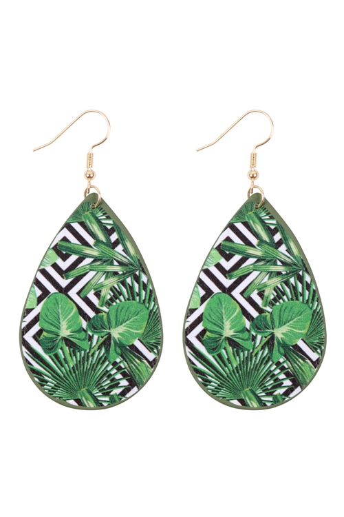 S29-6-3-HDE3242-8-TROPICAL PRINT TEARDROP EARRINGS-GREEN/6PAIRS