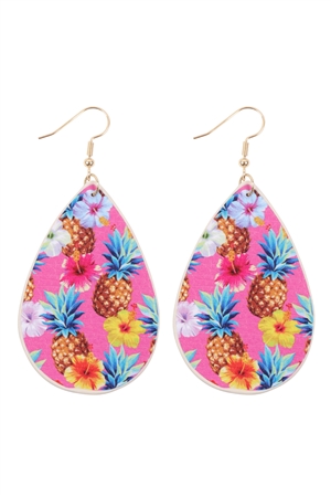 S29-9-3-HDE3242-9-FLORAL PINEAPPLE PRINT TEARDROP EARRINGS-PINK/6PAIRS