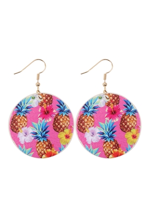 S29-6-3-HDE3243-1-TROPICAL PINEAPPLE PRINT CIRCLE DROP EARRINGS-PINK/6PAIRS