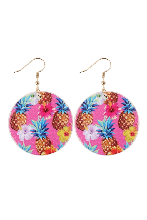 S29-6-3-HDE3243-1-TROPICAL PINEAPPLE PRINT CIRCLE DROP EARRINGS-PINK/6PAIRS