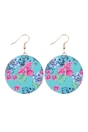 S29-6-3-HDE3243-2-TURQUOISE FLORAL PRINT CIRCLE DROP EARRINGS/6PAIRS