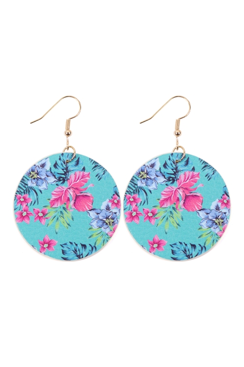 S29-6-3-HDE3243-2-TURQUOISE FLORAL PRINT CIRCLE DROP EARRINGS/6PAIRS