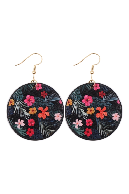 S29-6-3-HDE3243-4-TROPICAL FLOWER PRINT CIRCLE DROP EARRINGS-BLACK/6PAIRS