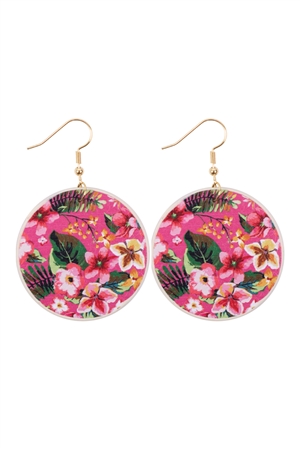 S26-9-2-HDE3243-7-HOTPINK FLORAL PRINT CIRCLE DROP EARRINGS/6PAIRS