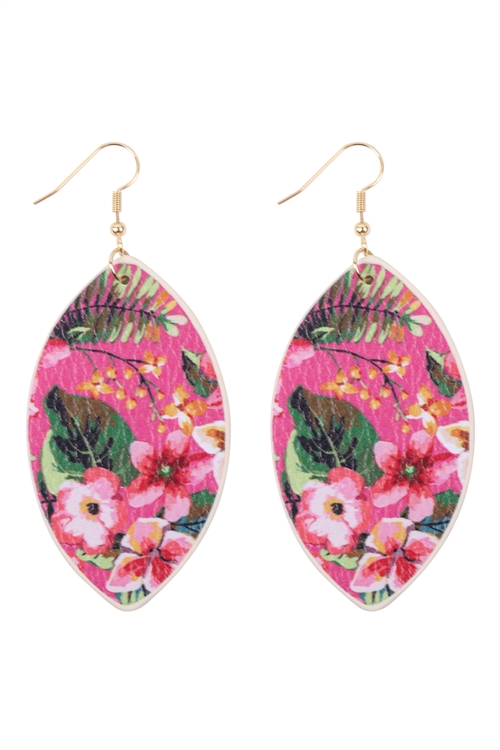 S29-9-1-HDE3244-3-HOTPINK FLORAL PRINT MARQUISE DROP EARRINGS/6PAIRS